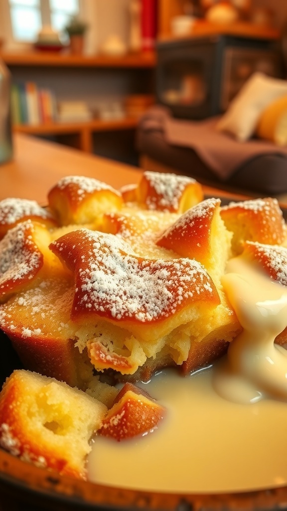 A serving of classic bread pudding topped with powdered sugar and vanilla sauce in a rustic dish.